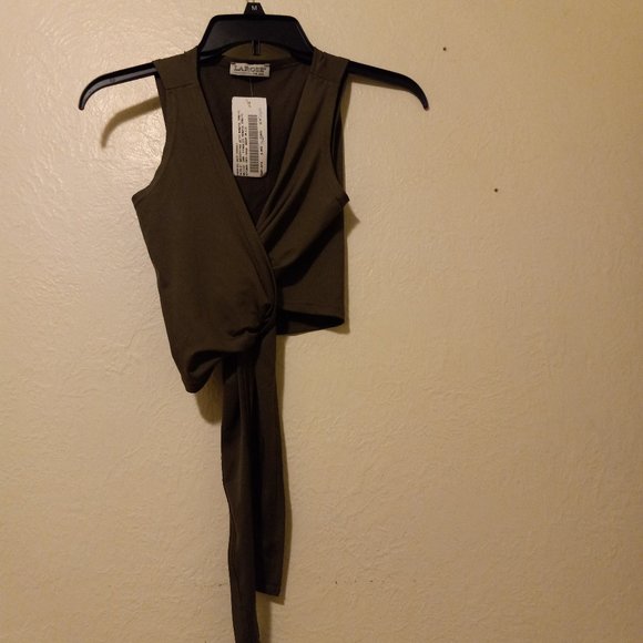 NWT Olive Green Cropped Jersey Wrap Top Y2K 90s One Size - Picture 4 of 12